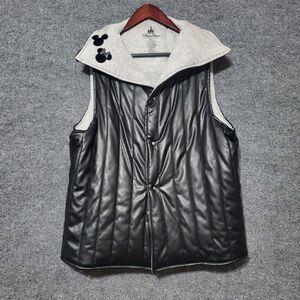 Disney Parks Mickey Mouse XL Faux Leather Black Puffer Vest LOVE Sequin Back New